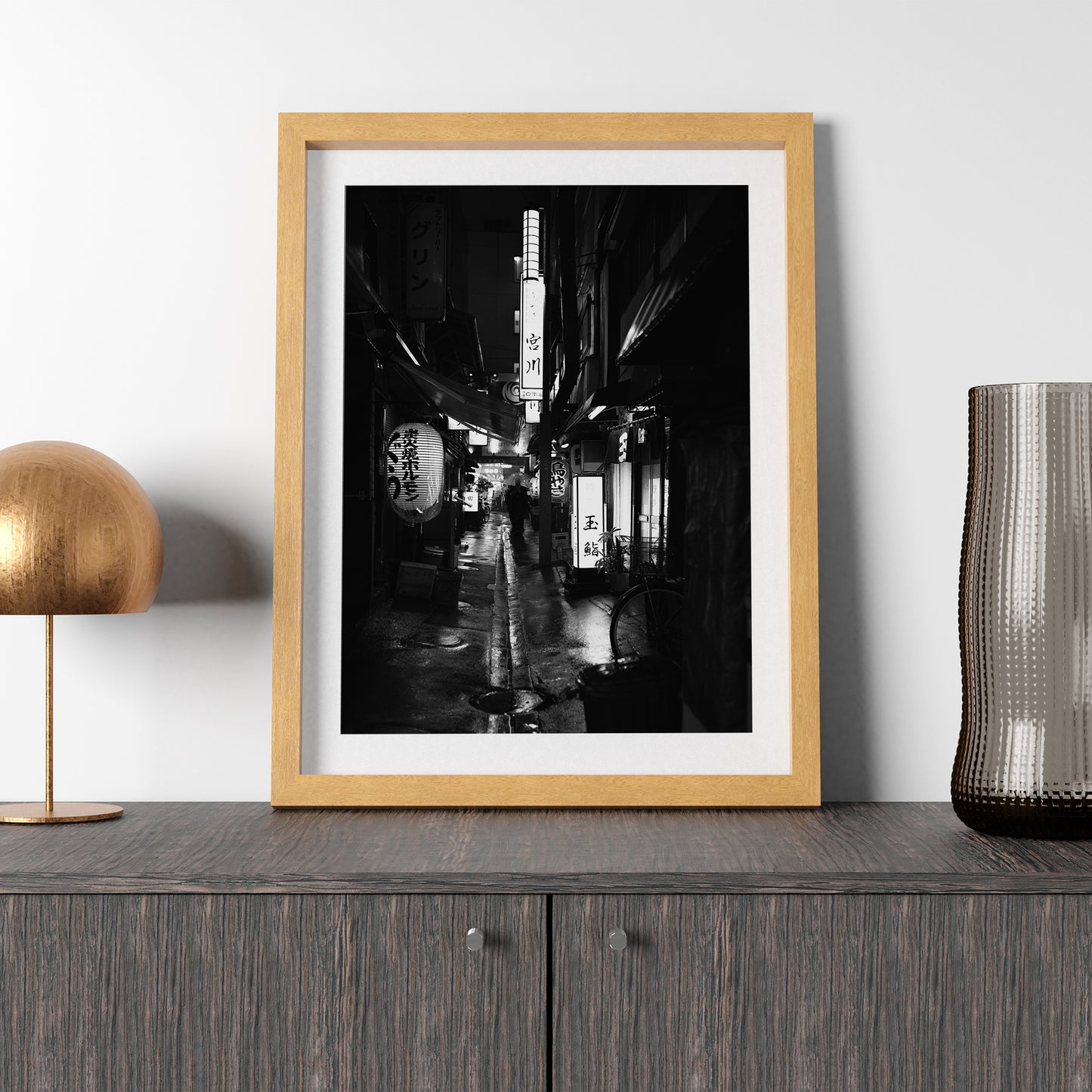 Tokyo Backstreet at Night, Black and white Photography Print