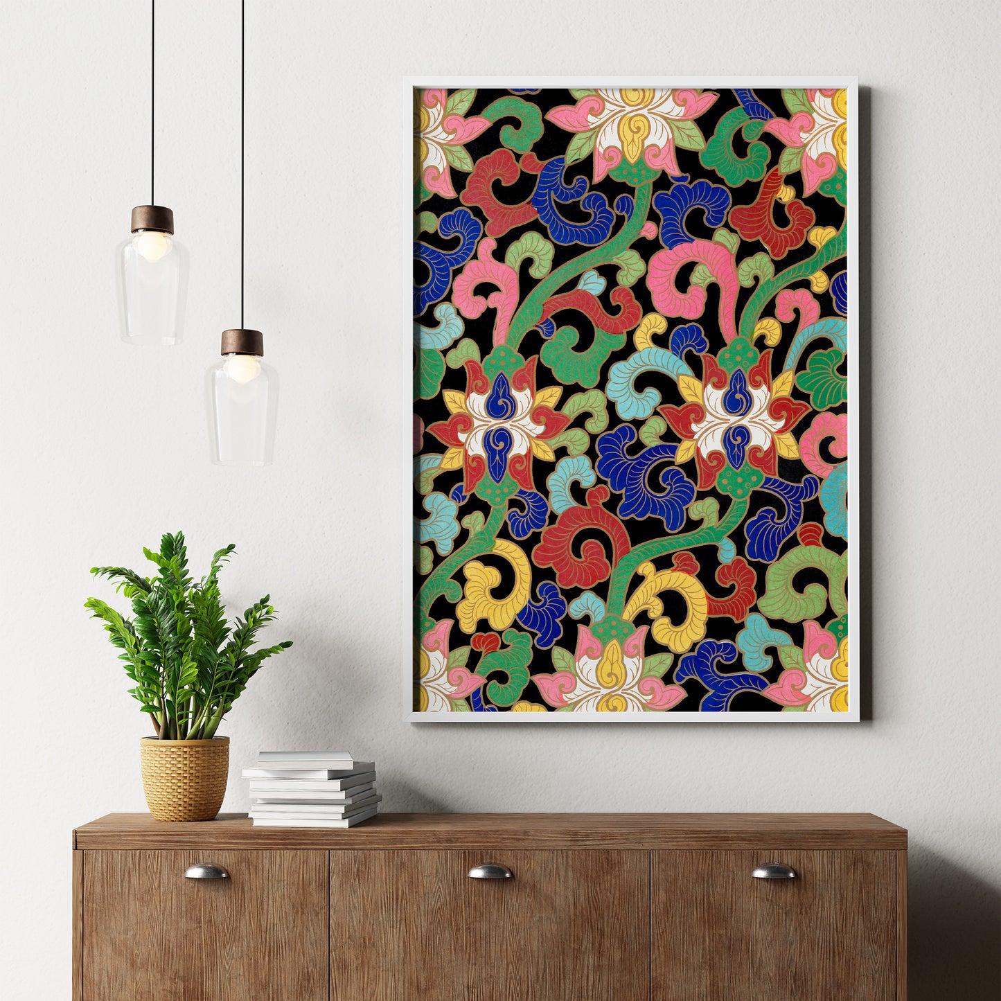 Impression artistique à motifs de fleurs asiatiques colorées et vintage, n° 5