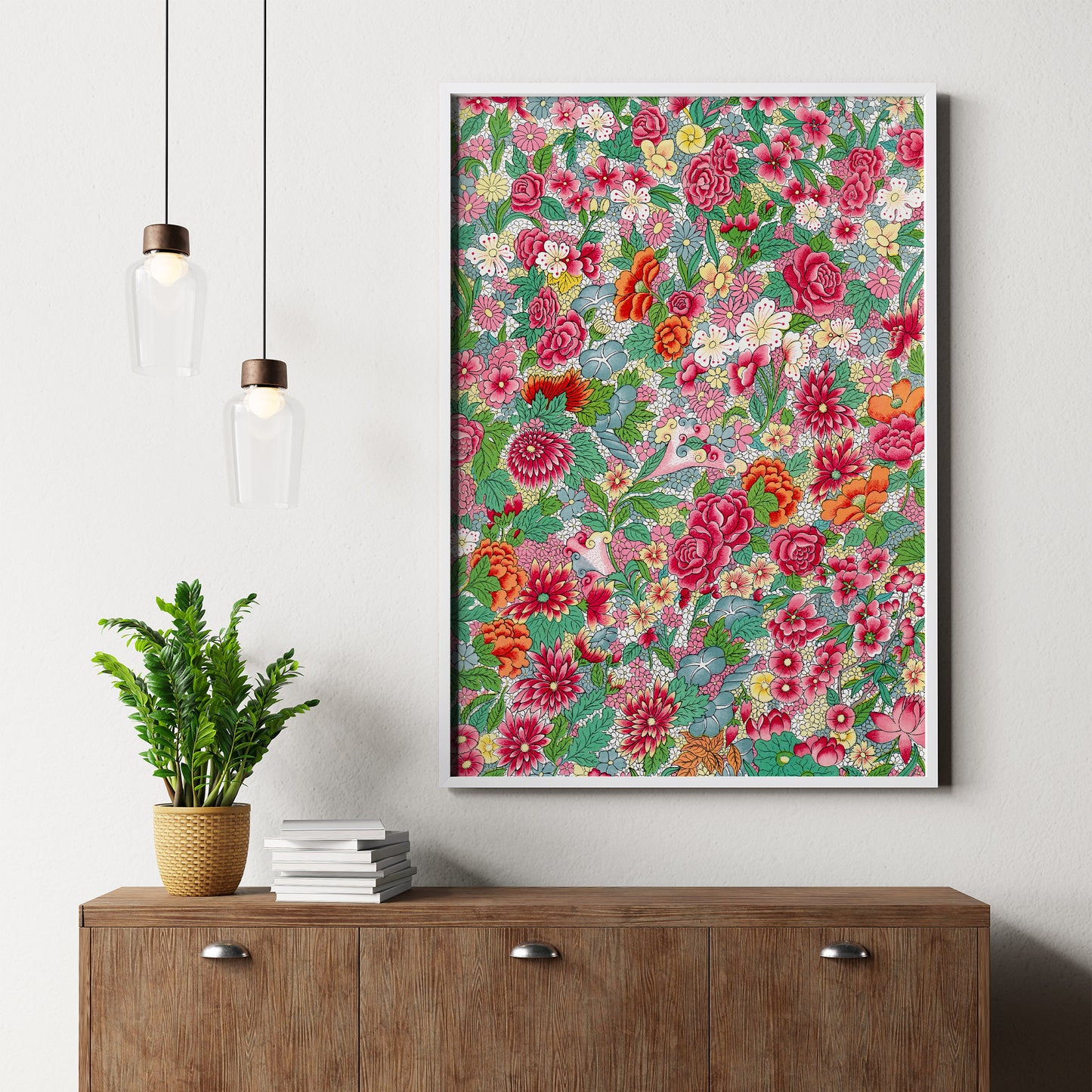 Colorful Vintage Asian Flowers Pattern Art Print, no 6