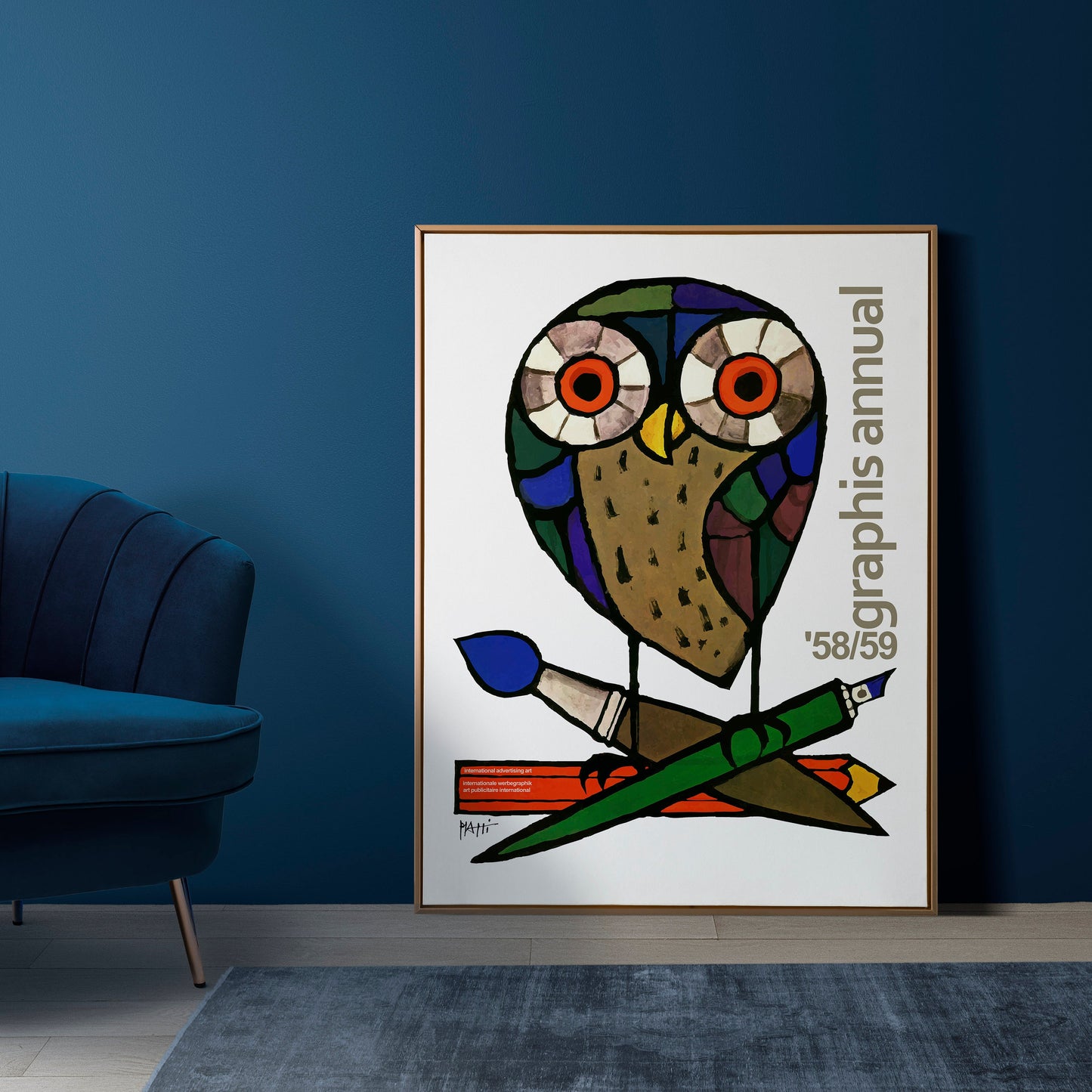 Affiche d'exposition Celestino Piatti, 1958, lithographie couleur d'un hibou