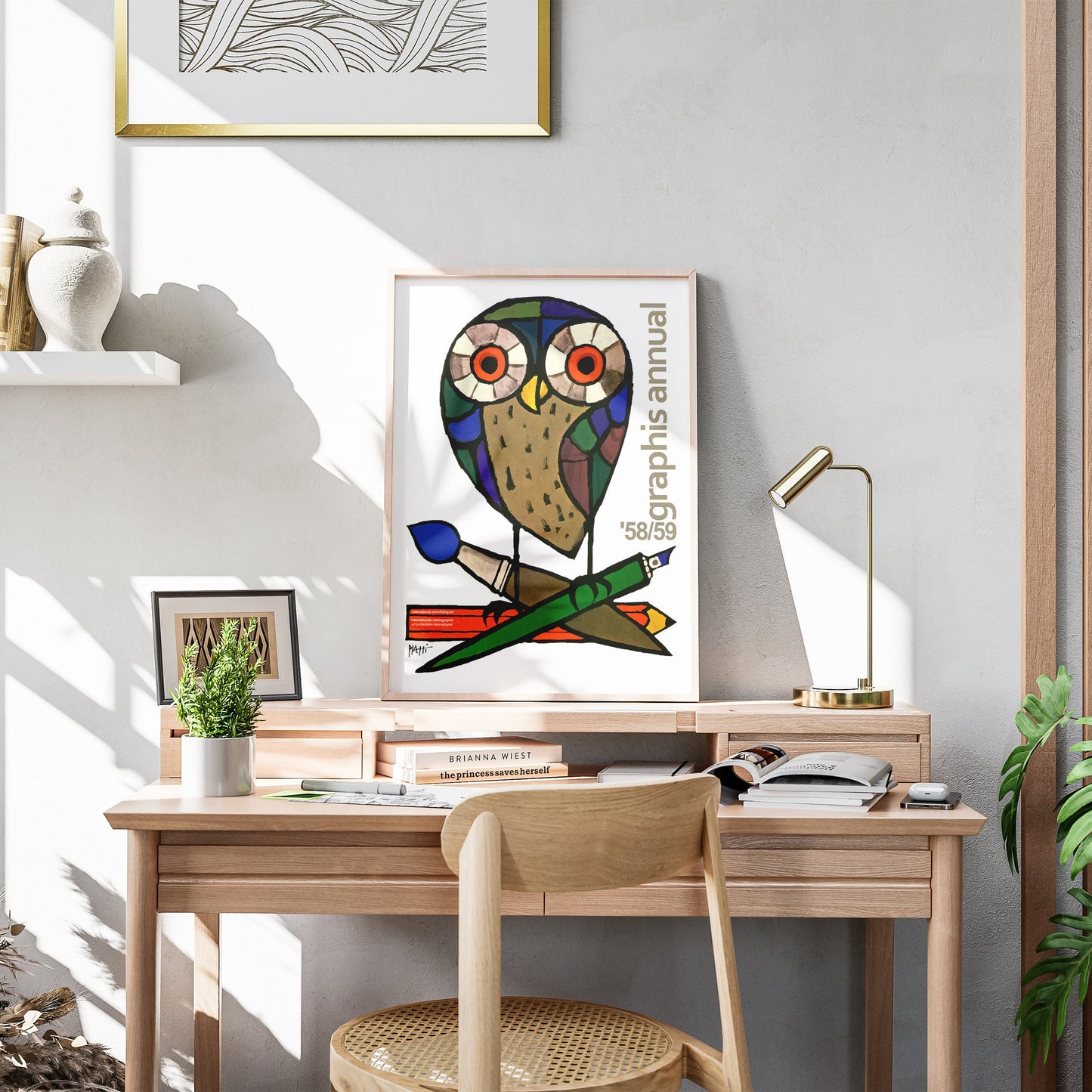 Affiche d'exposition Celestino Piatti, 1958, lithographie couleur d'un hibou