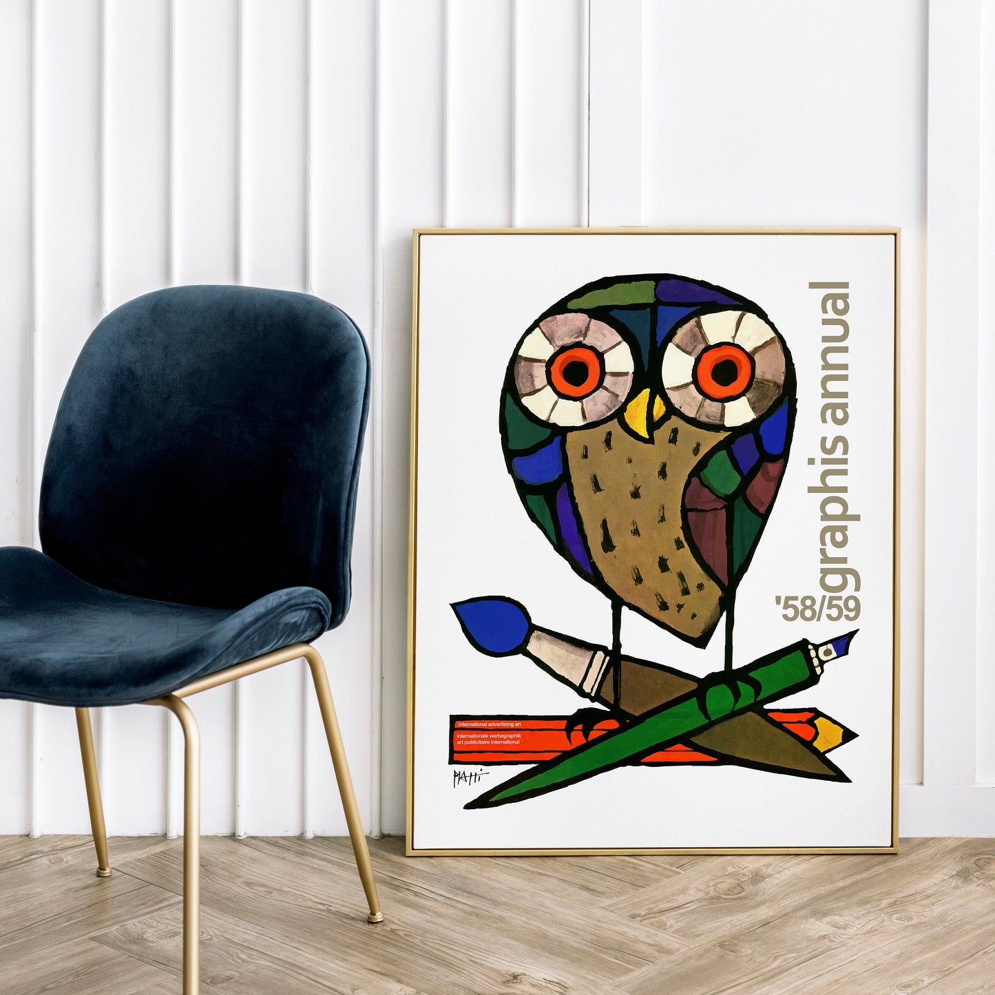 Affiche d'exposition Celestino Piatti, 1958, lithographie couleur d'un hibou