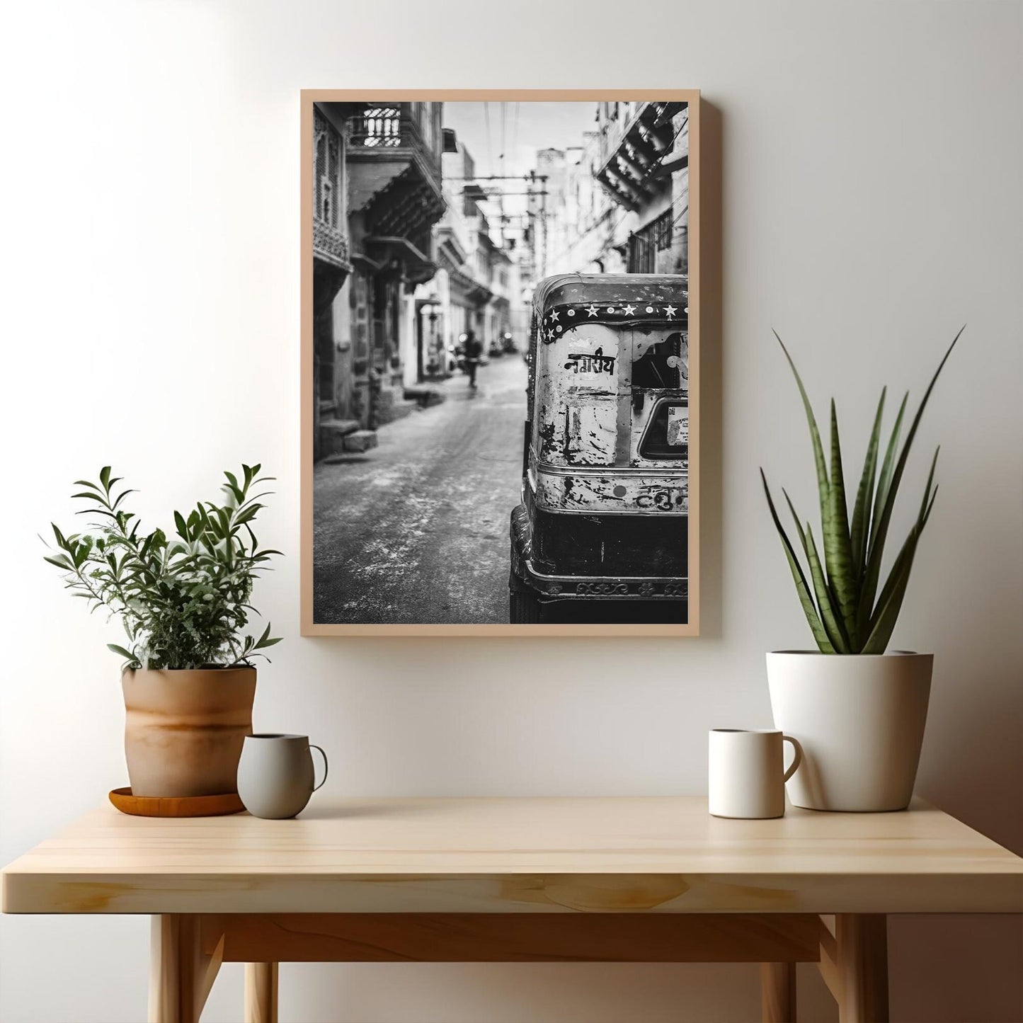 Indian Rickshaw in a Street, Black and White Photography Print