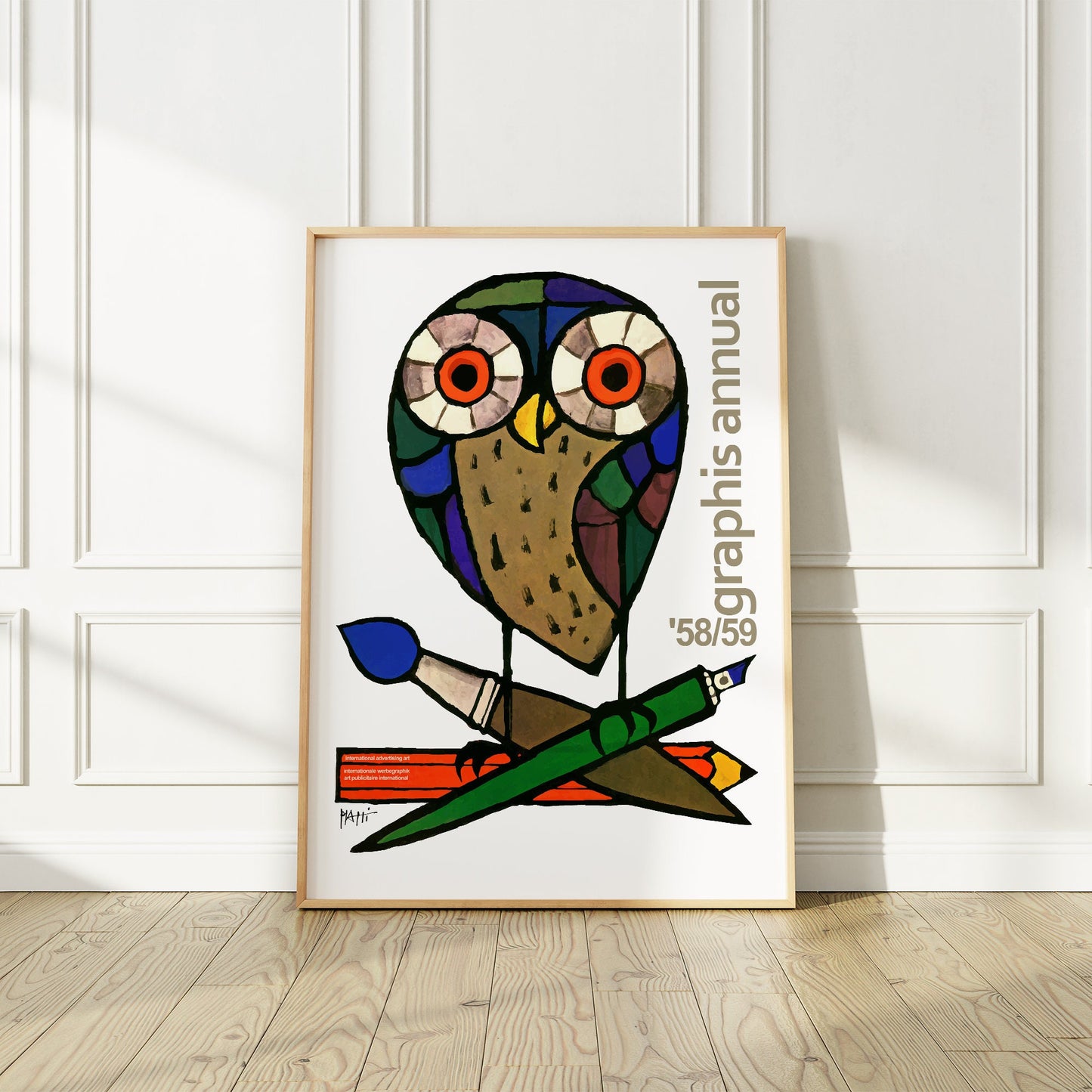 Affiche d'exposition Celestino Piatti, 1958, lithographie couleur d'un hibou