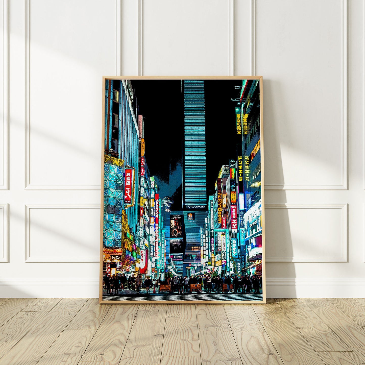 Tokyo Shinjuku Shibuya at Night Art Print, Photo to Digital Painting, Cyberpunk Style Poster