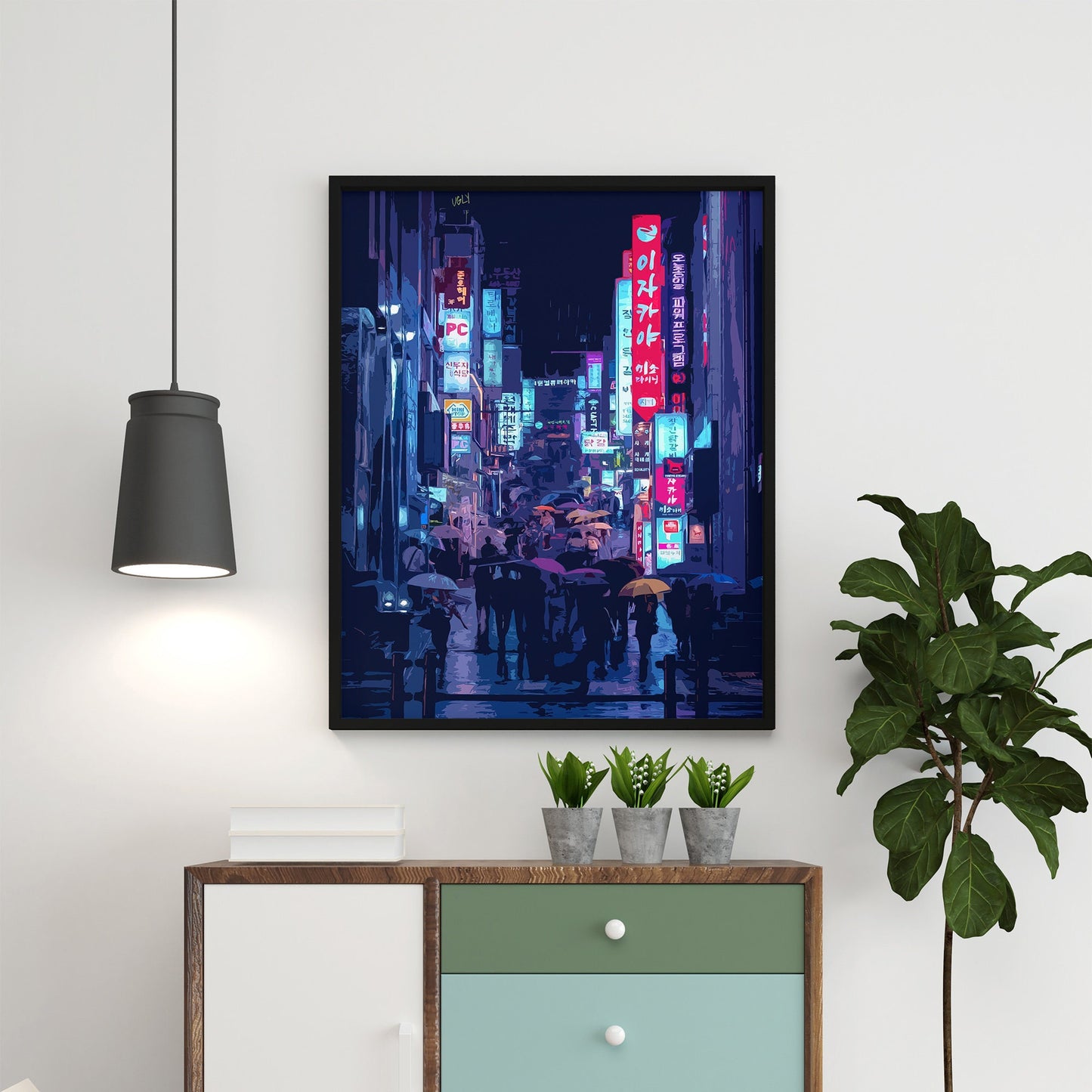 Vibrant Séoul Rainy Night Art Print, photo à peinture numérique