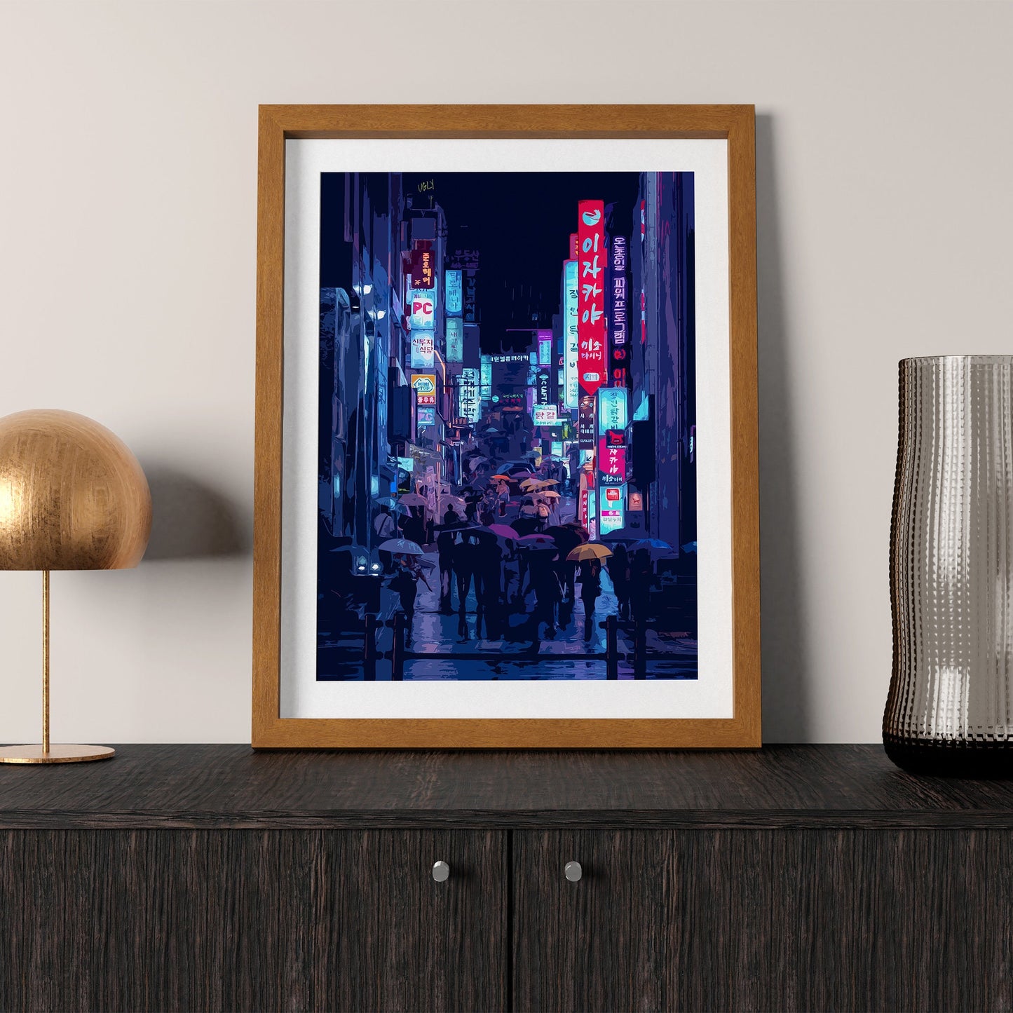Vibrant Séoul Rainy Night Art Print, photo à peinture numérique