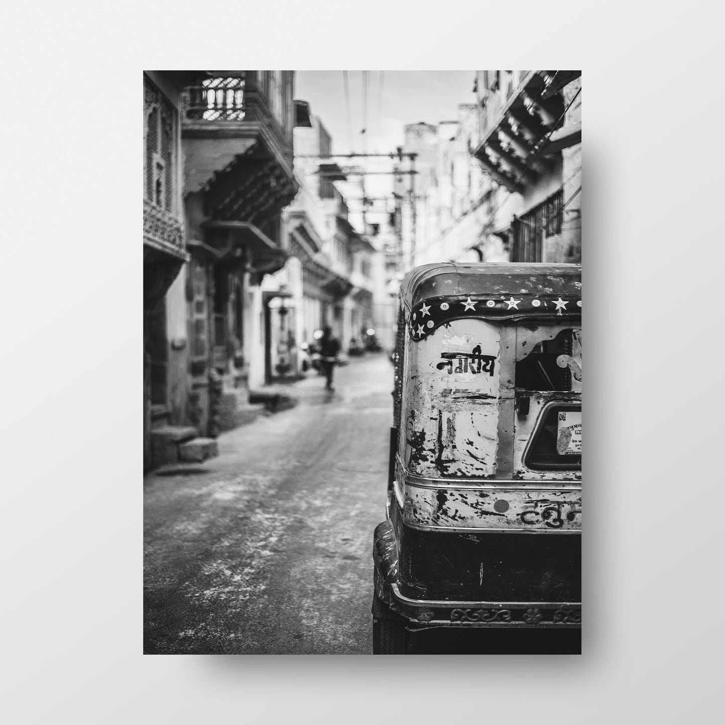 Indian Rickshaw in a Street, Black and White Photography Print