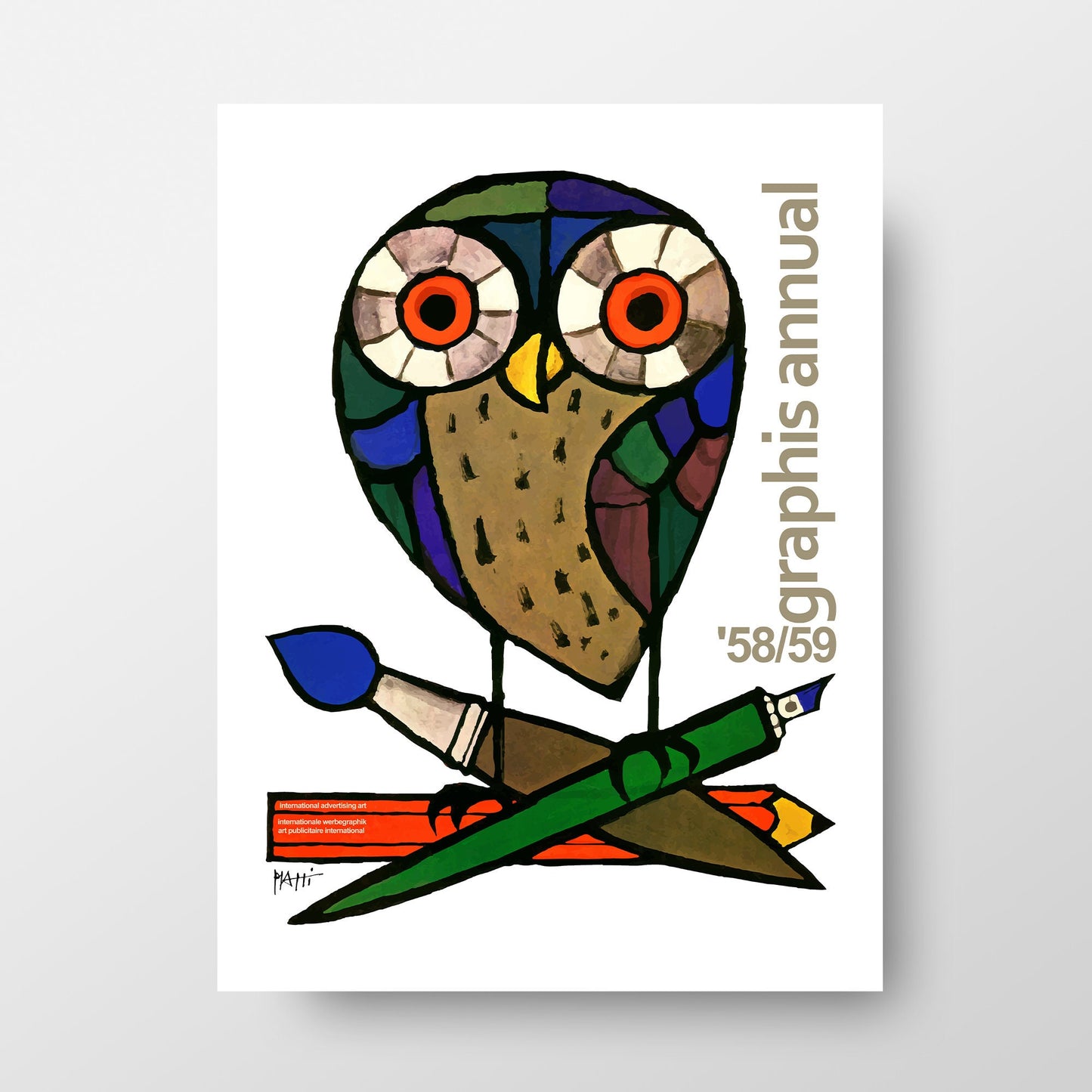 Affiche d'exposition Celestino Piatti, 1958, lithographie couleur d'un hibou