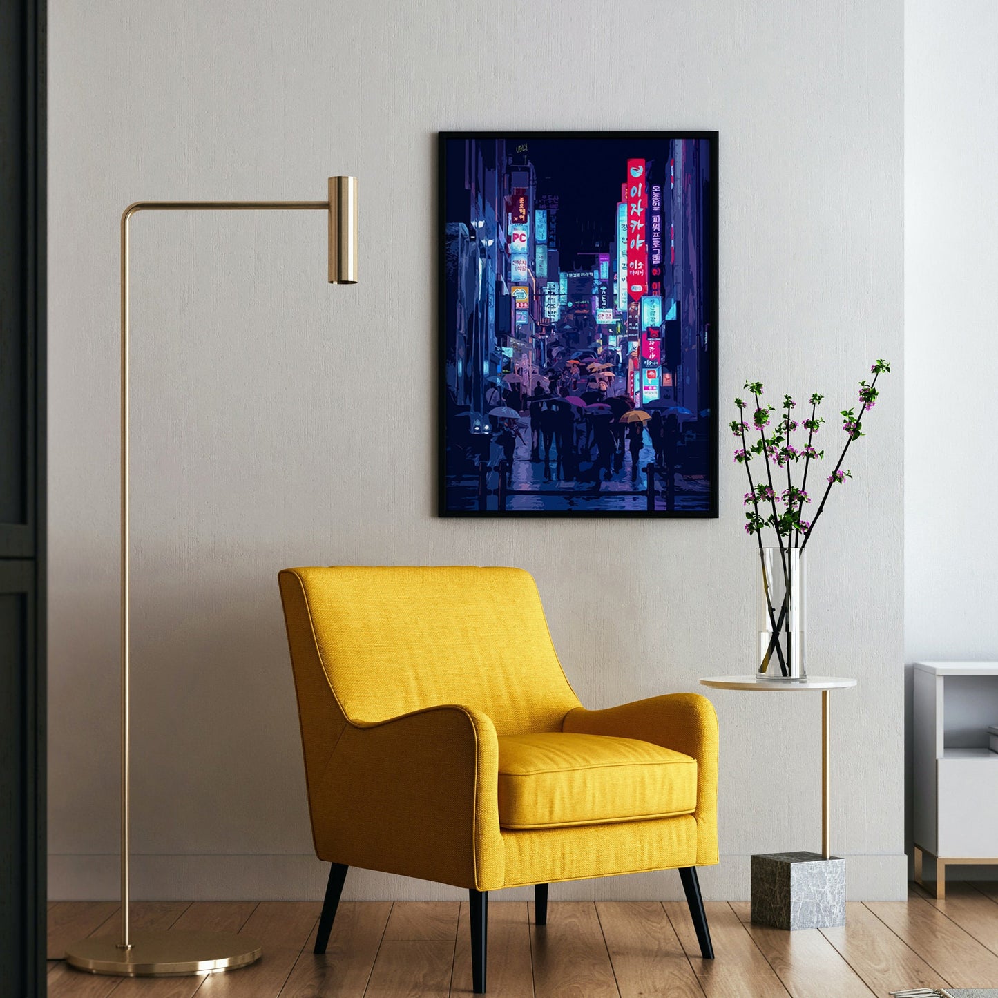 Vibrant Séoul Rainy Night Art Print, photo à peinture numérique