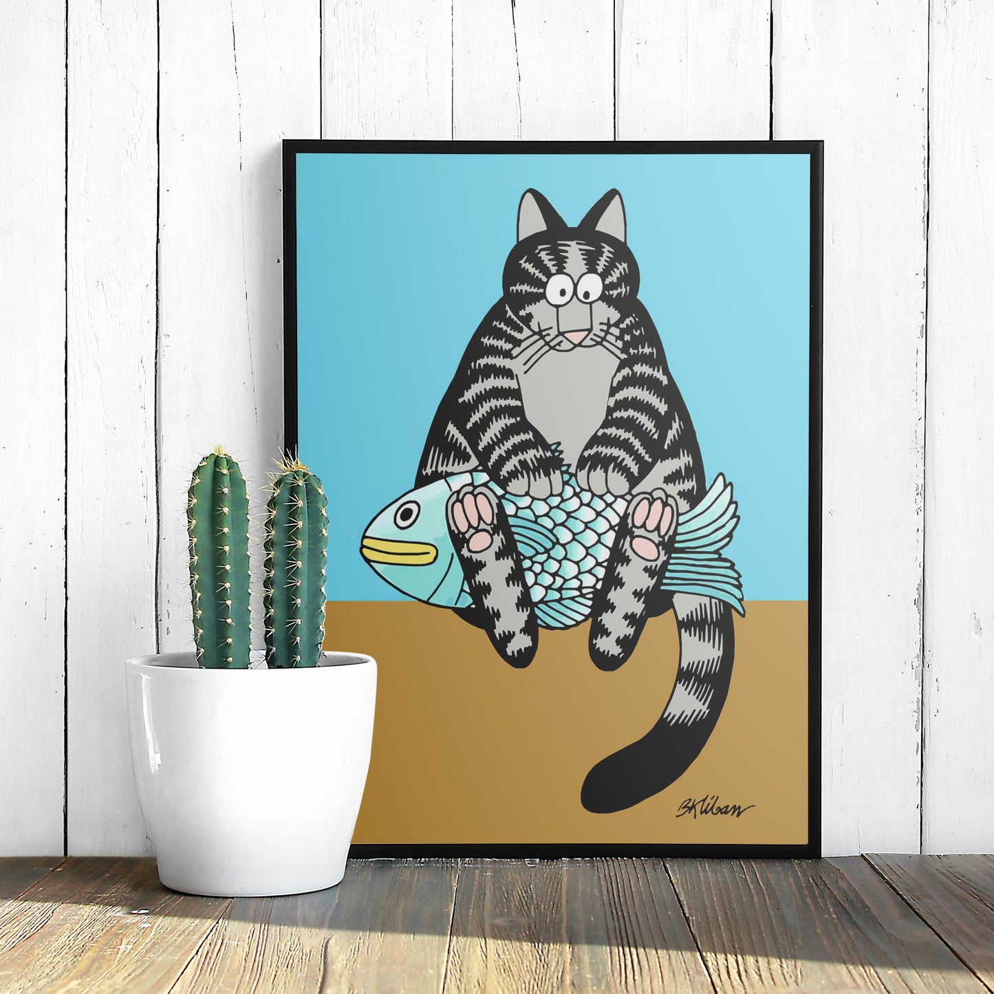 Cat with a fish, Bernard Kliban, 70s