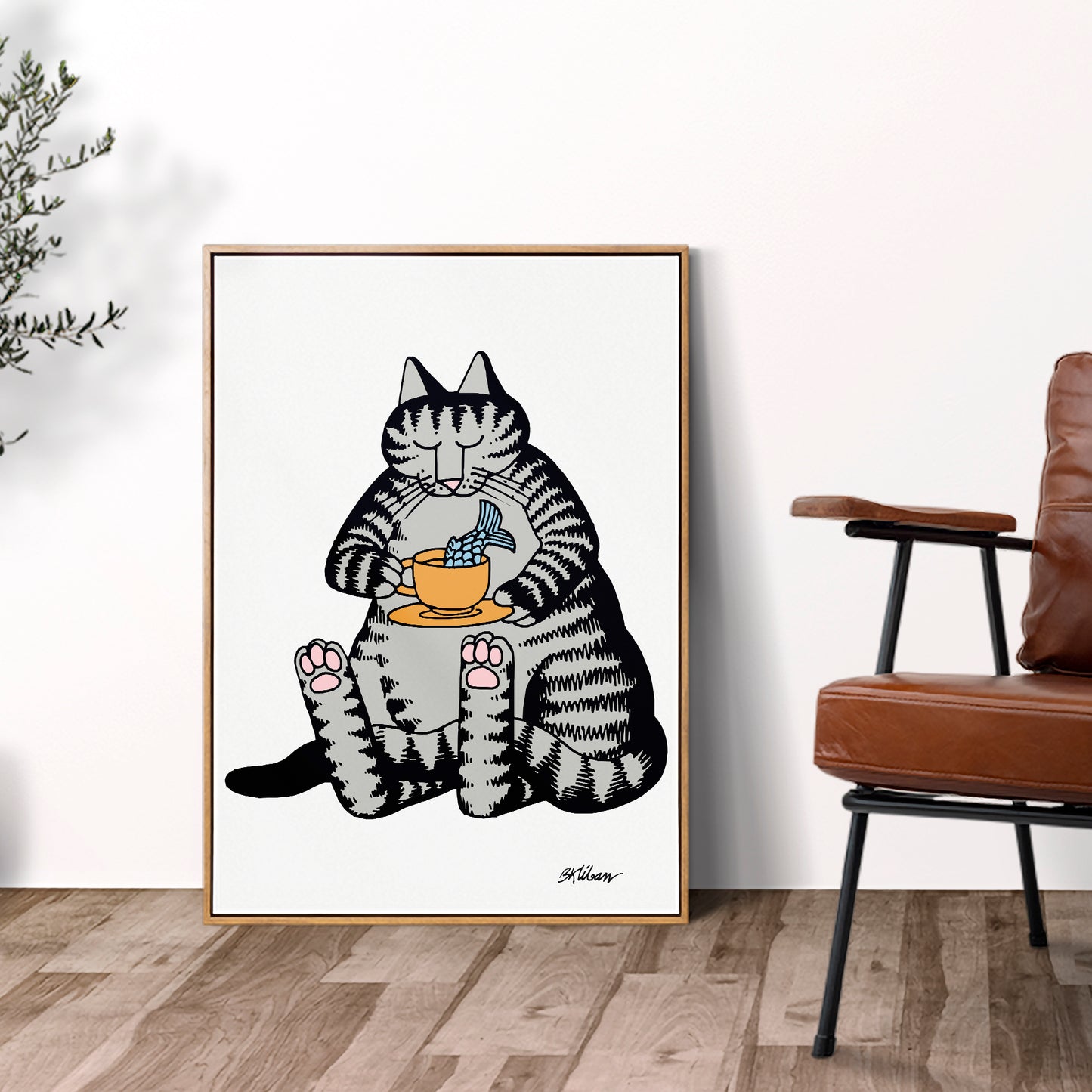 Cat enjoying a cup of tea with a touch of fish, Kliban, 70s, Premium Matte