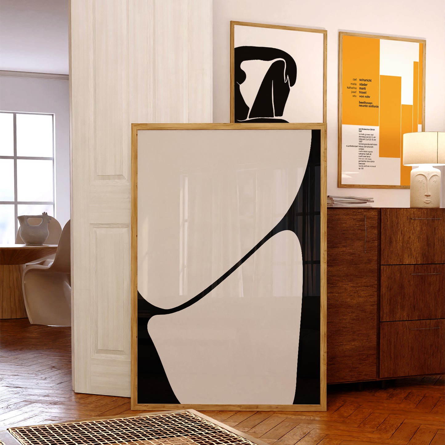Affiche abstraite du milieu du siècle moderne, « Illusion II », beige et noir