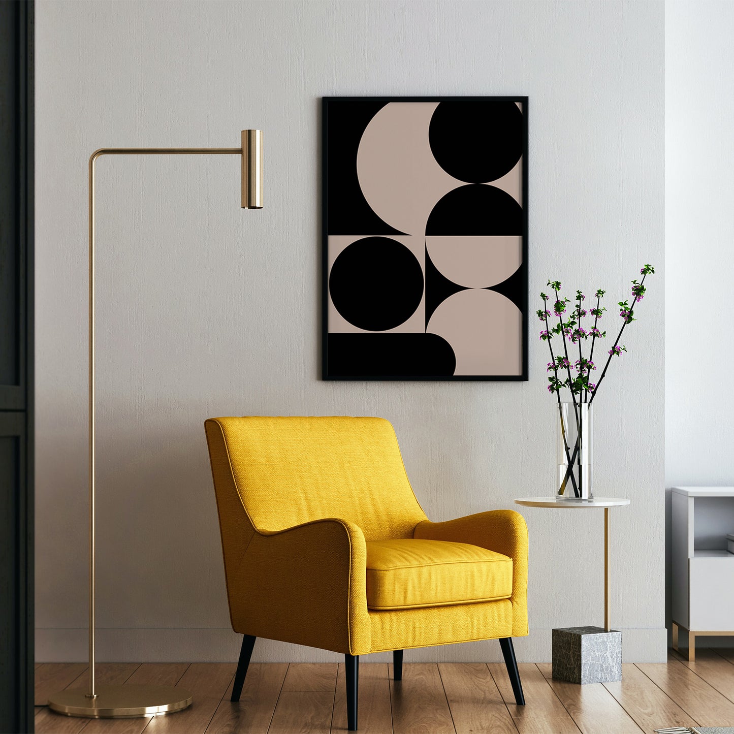 Affiche abstraite du milieu du siècle moderne, « Illusion II », beige et noir