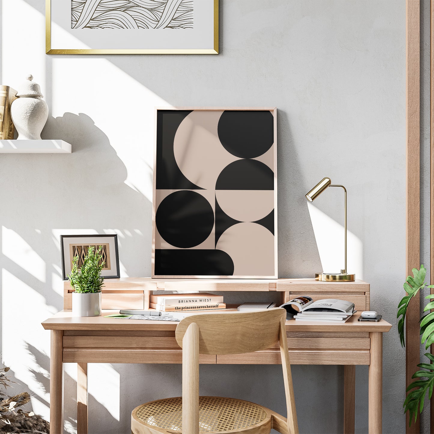 Affiche abstraite du milieu du siècle moderne, « Illusion II », beige et noir