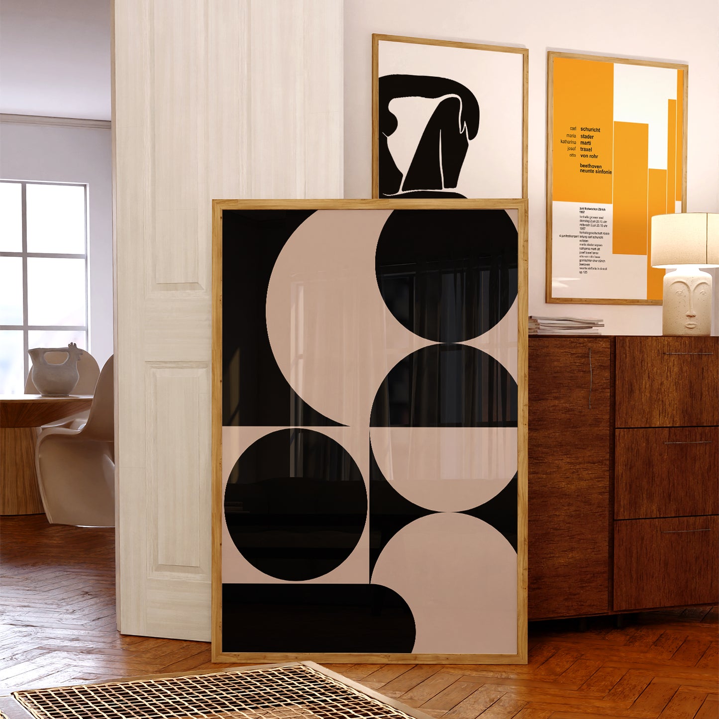 Affiche abstraite du milieu du siècle moderne, « Illusion II », beige et noir
