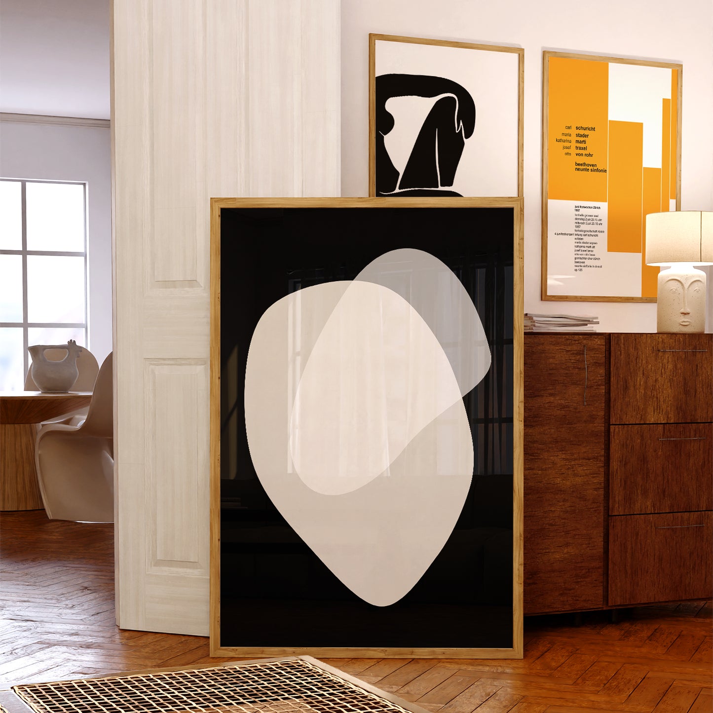 Affiche abstraite du milieu du siècle moderne, « Illusion II », beige et noir
