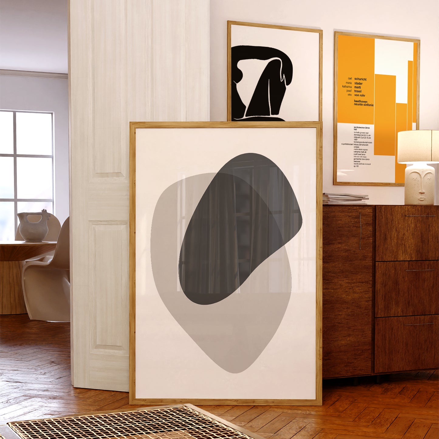 Affiche abstraite du milieu du siècle moderne, « Illusion II », beige et noir
