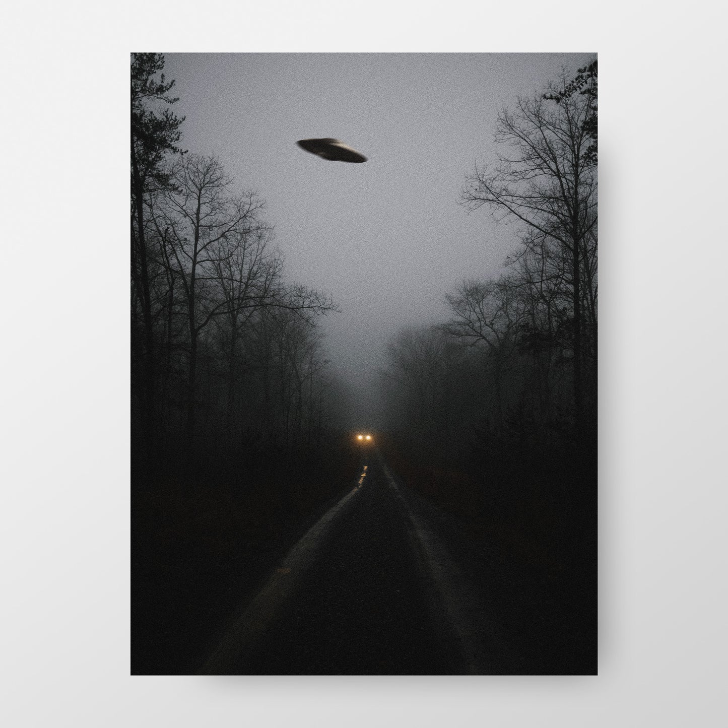Flying saucer (UFO) Above a car in a forest Poster