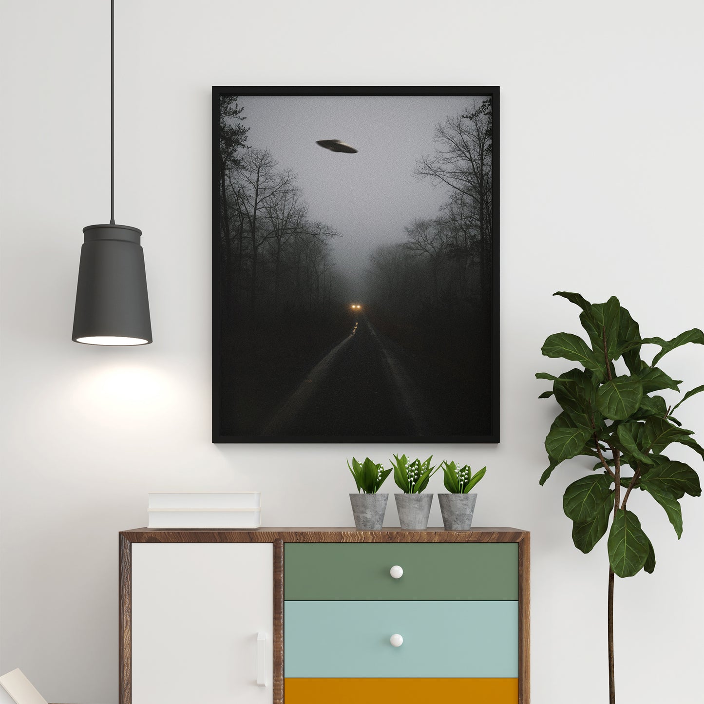 Flying saucer (UFO) Above a car in a forest Poster