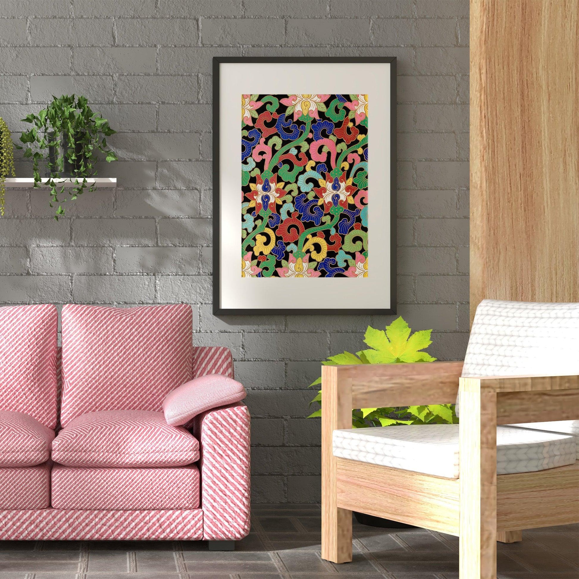 Colorful Vintage Asian Flowers Pattern Art Print, no 5
