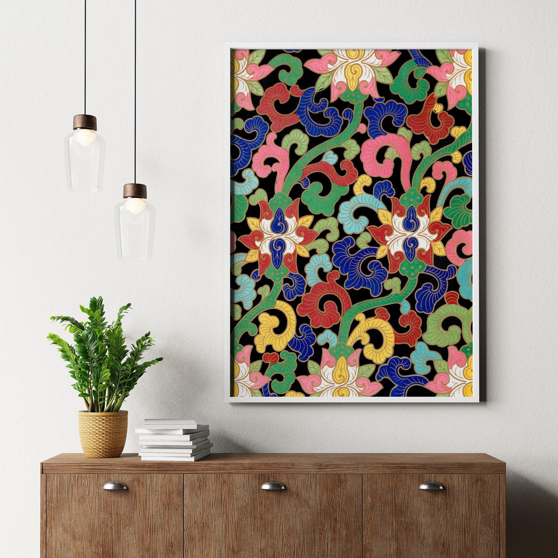 Colorful Vintage Asian Flowers Pattern Art Print, no 5