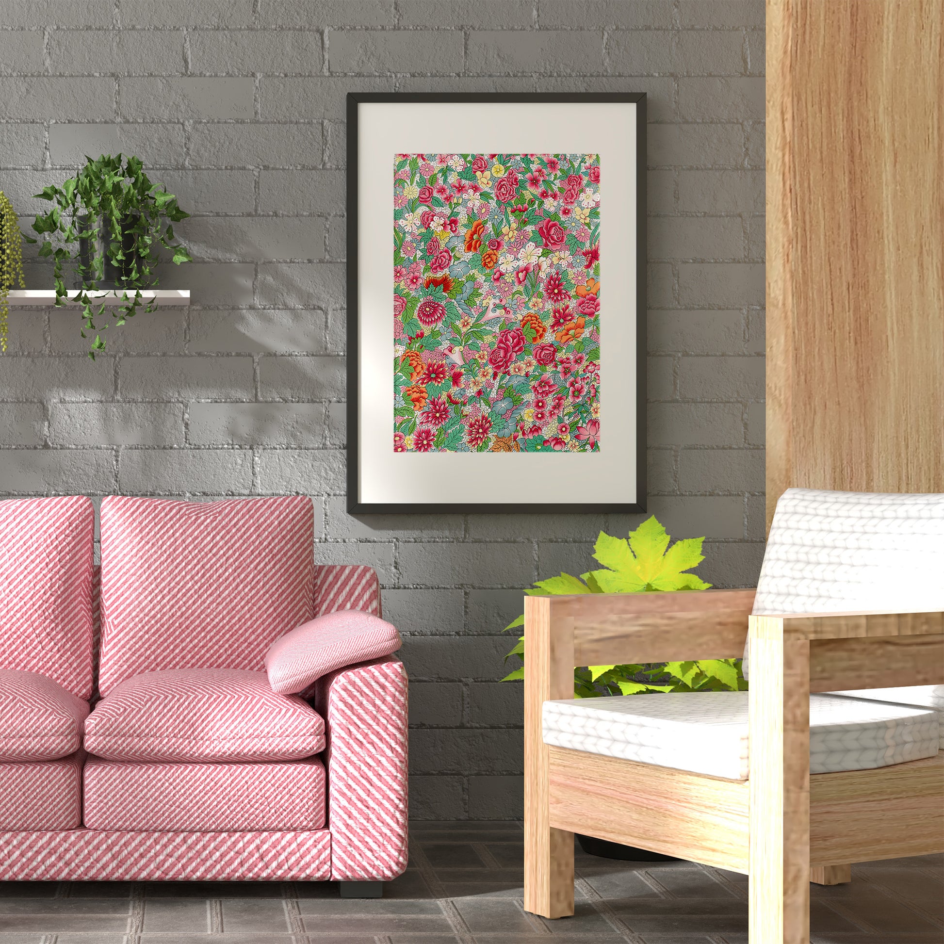 Colorful Vintage Asian Flowers Pattern Art Print, no 6