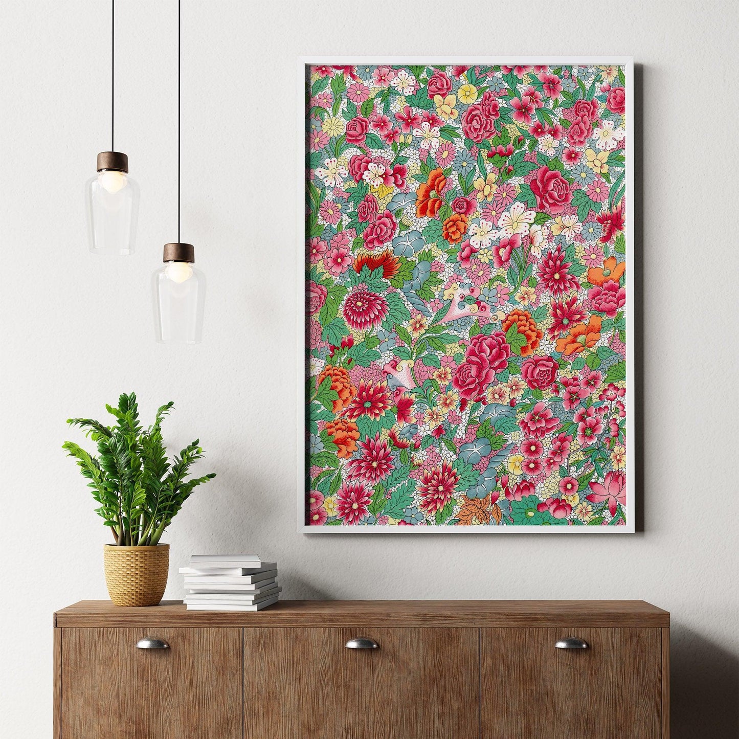 Colorful Vintage Asian Flowers Pattern Art Print, no 6