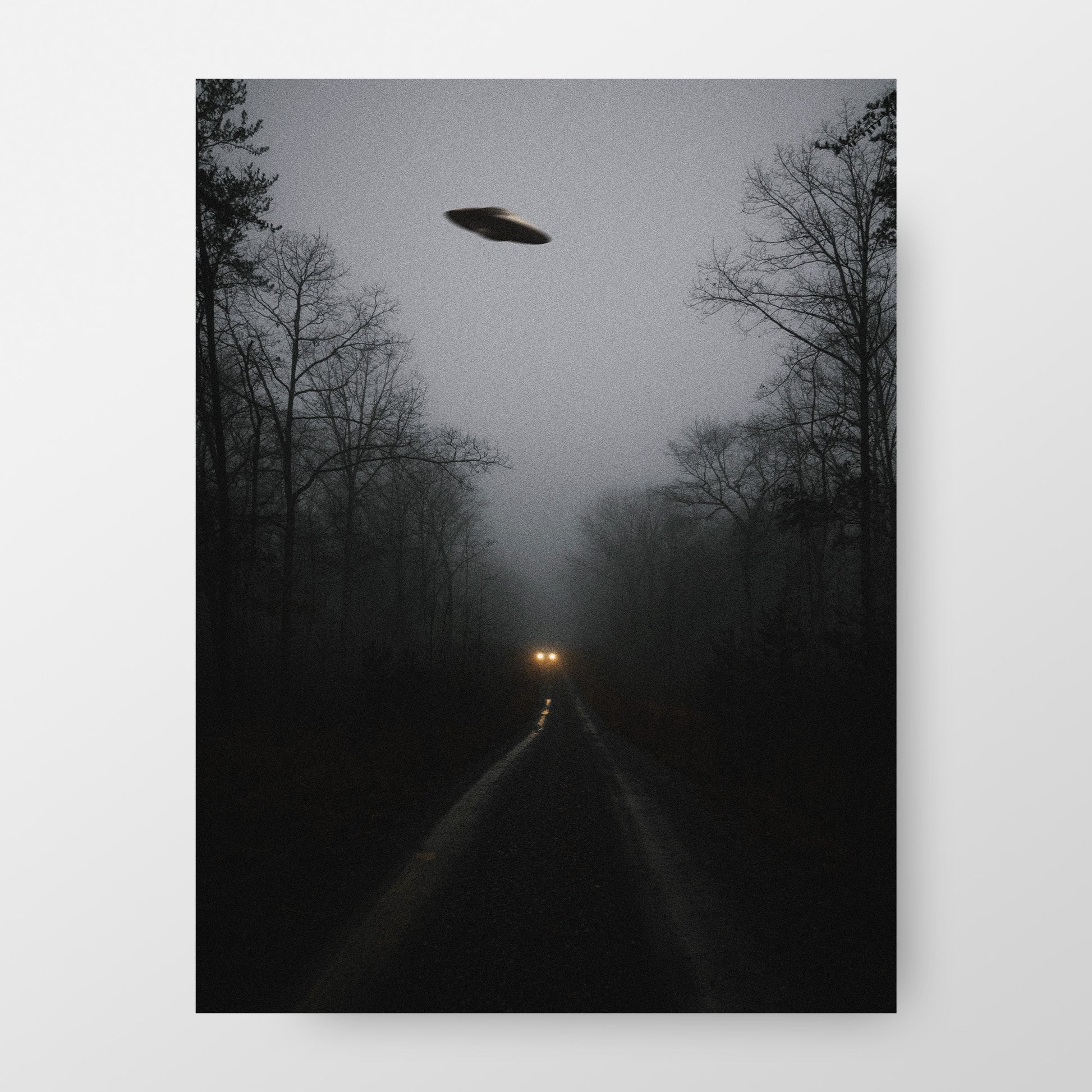 Flying saucer (UFO) Above a car in a forest Poster