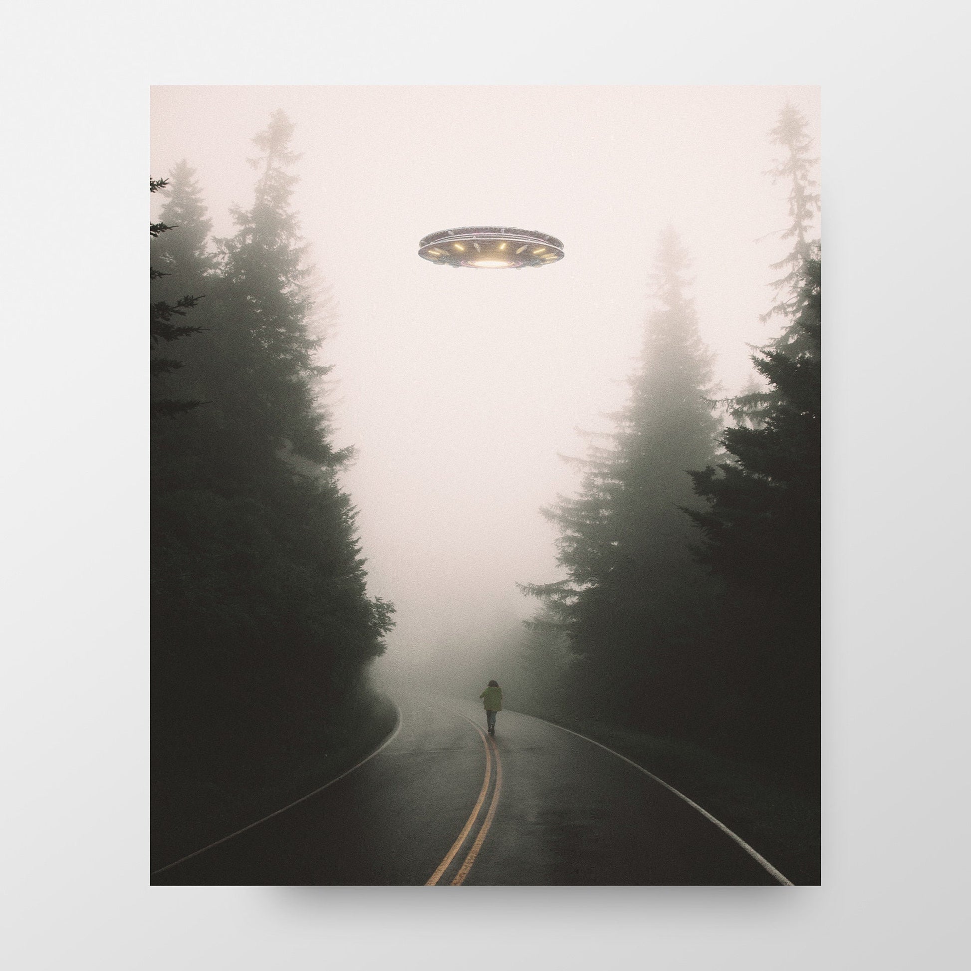 Flying saucer (UFO) above a girl in a forest Poster