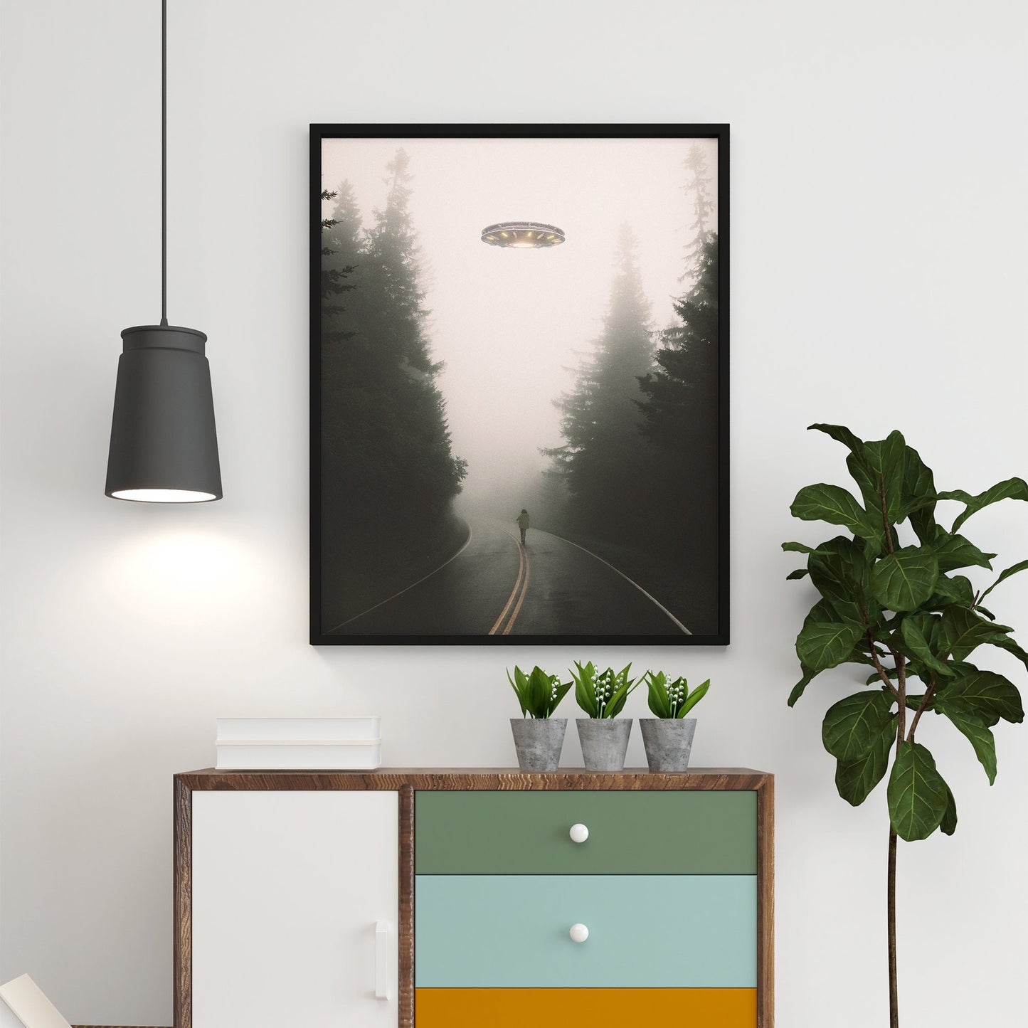 Flying saucer (UFO) above a girl in a forest Poster
