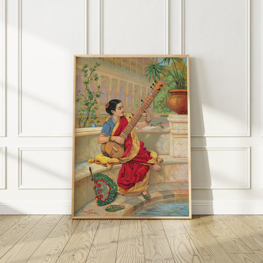 India Vintage Art Print by Ravi Rama, Woman and her Sitar