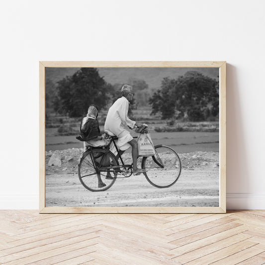 Indian Couple on a Bicycle, Black and White Photography Print