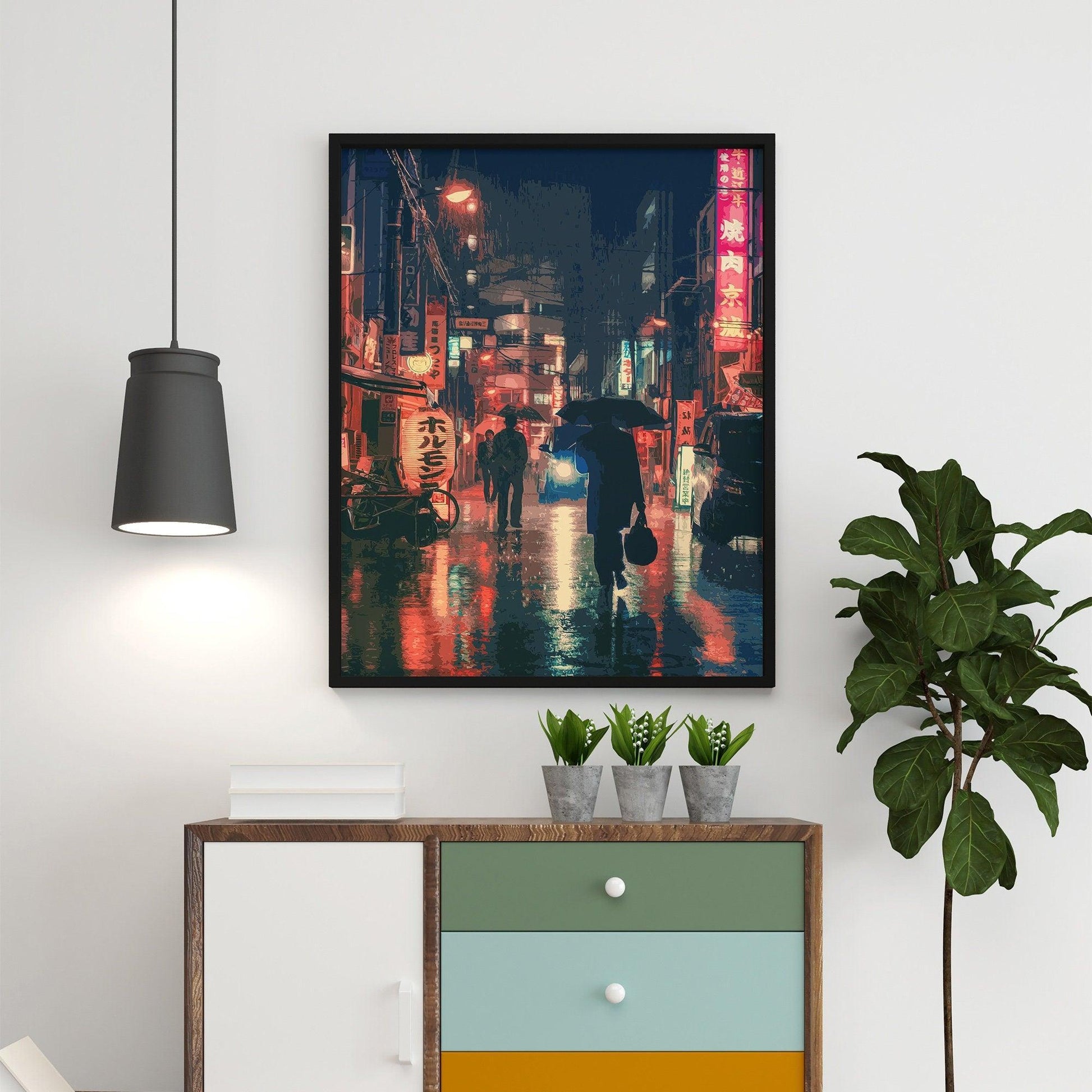 Tokyo Japan Rainy Night Art Print, Photo to Digital Painting Art