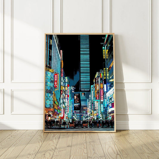 Tokyo Shinjuku Shibuya at Night Art Print, Photo to Digital Painting, Cyberpunk Style Poster