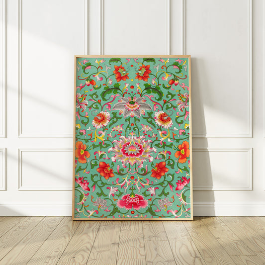 Colorful Vintage Asian Flowers Pattern Art Print, no 1