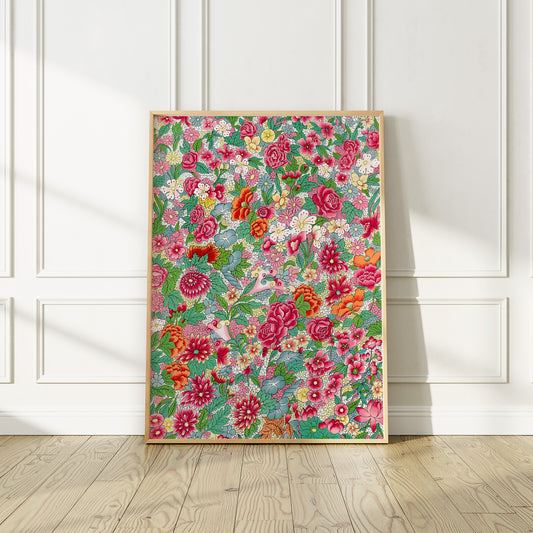 Colorful Vintage Asian Flowers Pattern Art Print, no 6