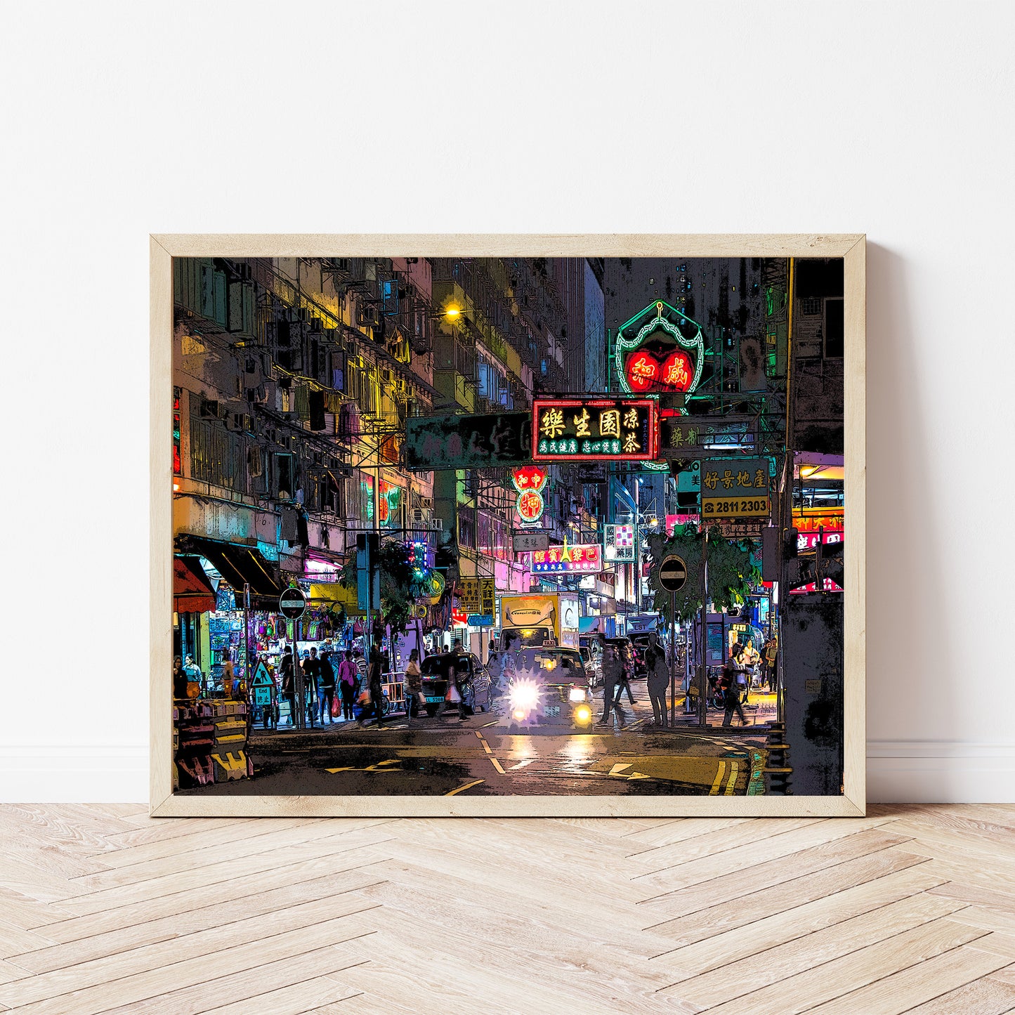 Hong Kong at Night Art Print, Vibrant Photo to Digital Painting Poster