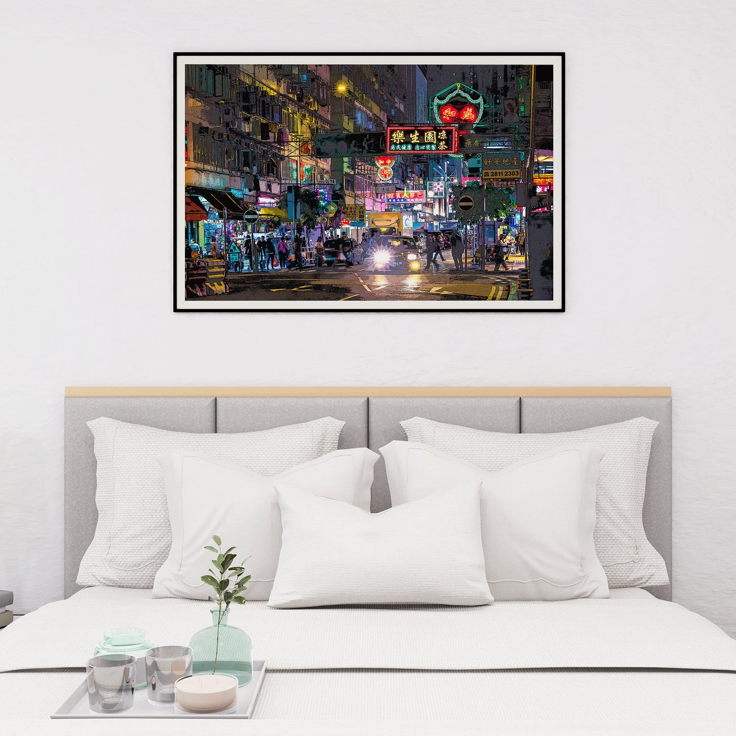 Hong Kong at Night Art Print, Vibrant Photo to Digital Painting Poster