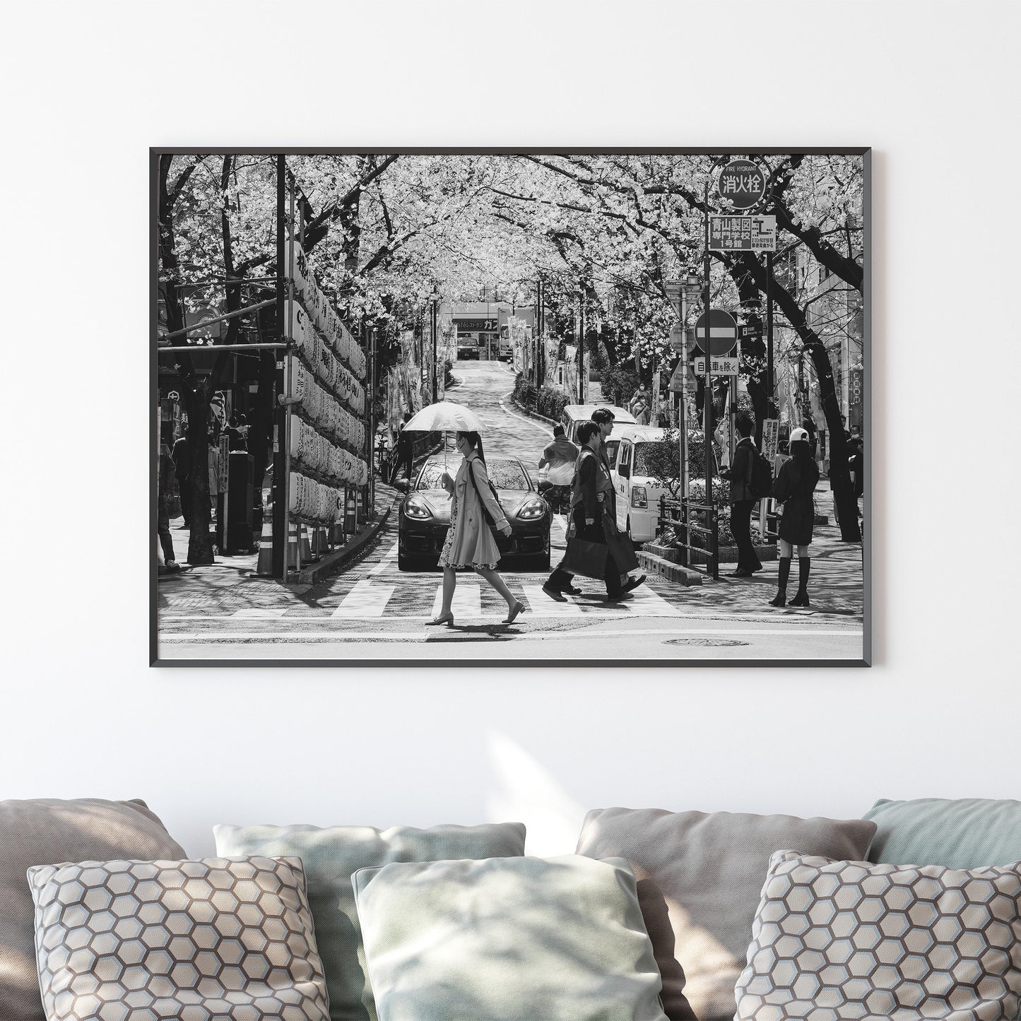 Tokyo Street With Cherry Blossoms Poster, Black and White Photography Print