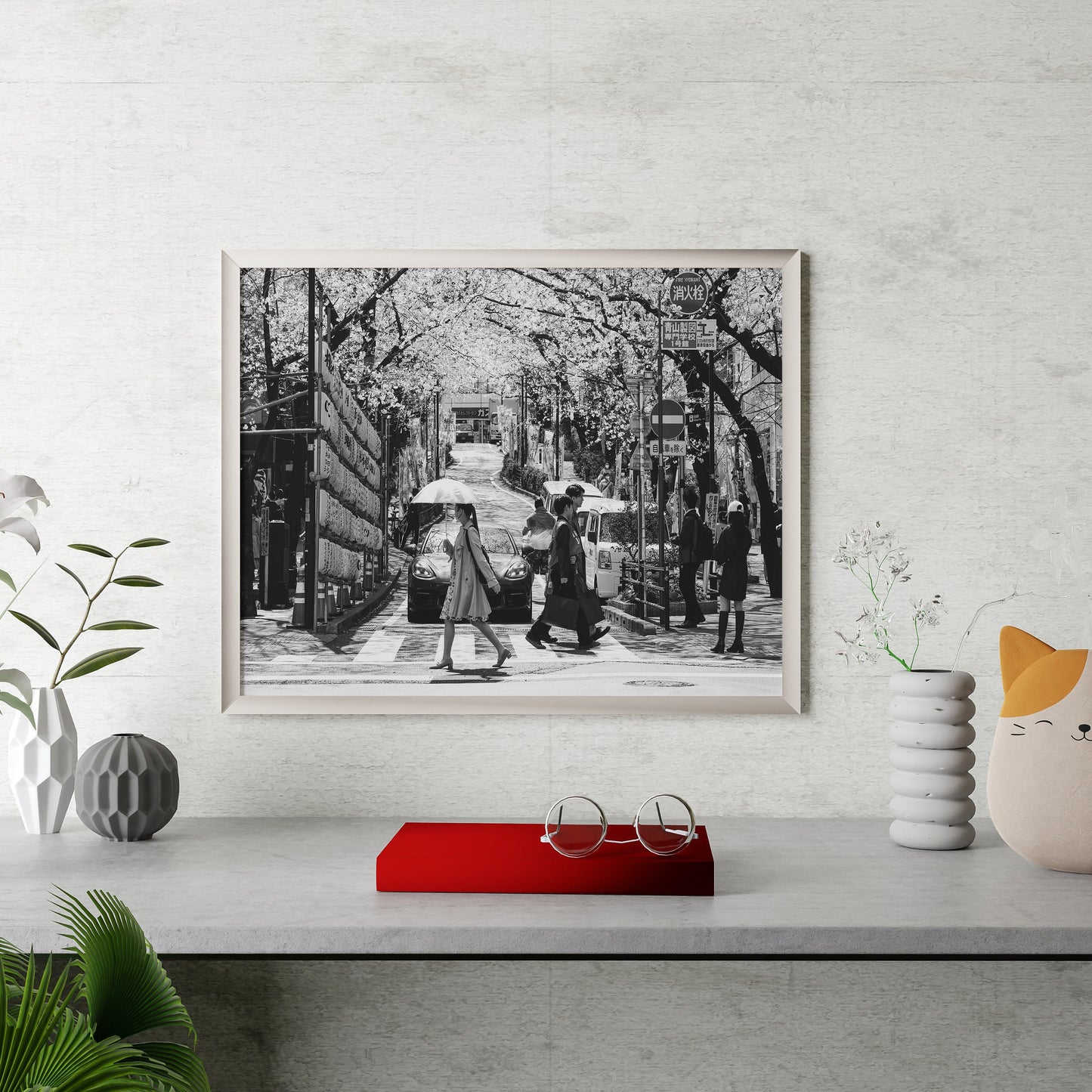 Tokyo Street With Cherry Blossoms Poster, Black and White Photography Print