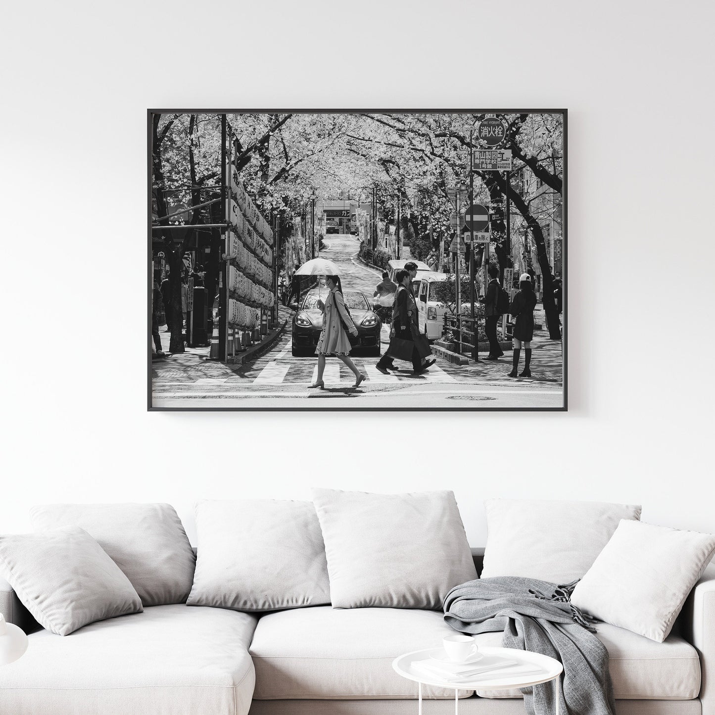 Tokyo Street With Cherry Blossoms Poster, Black and White Photography Print