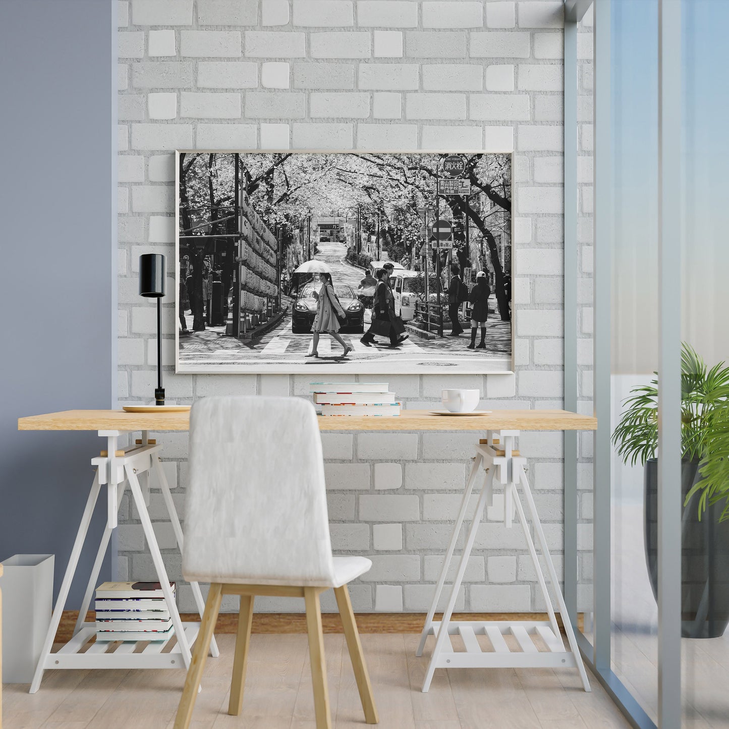 Tokyo Street With Cherry Blossoms Poster, Black and White Photography Print