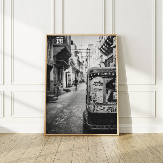 Indian Rickshaw in a Street, Black and White Photography Print