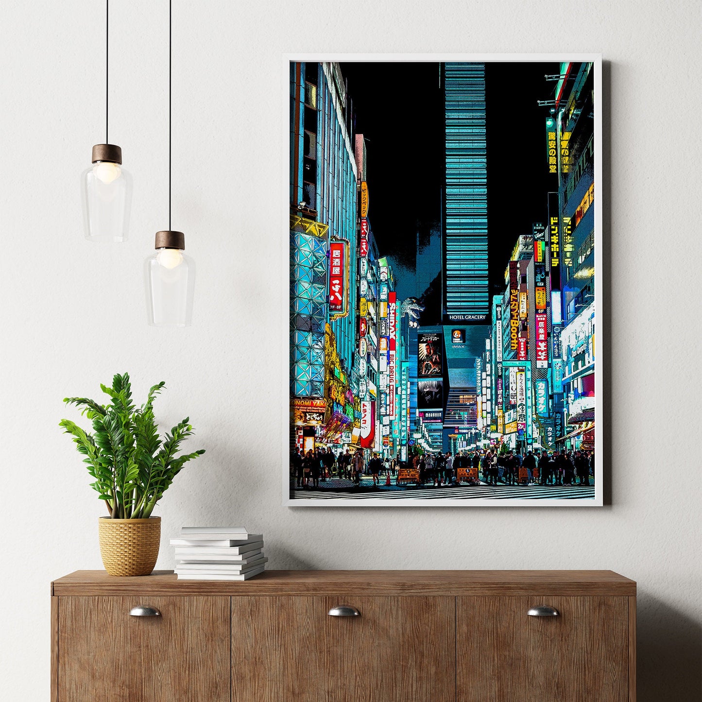 Tokyo Shinjuku Shibuya at Night Art Print, Photo to Digital Painting, Cyberpunk Style Poster