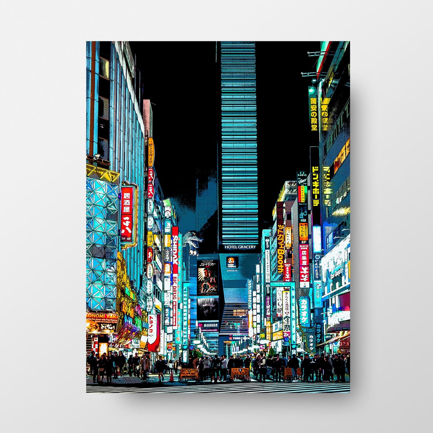 Tokyo Shinjuku Shibuya at Night Art Print, Photo to Digital Painting, Cyberpunk Style Poster