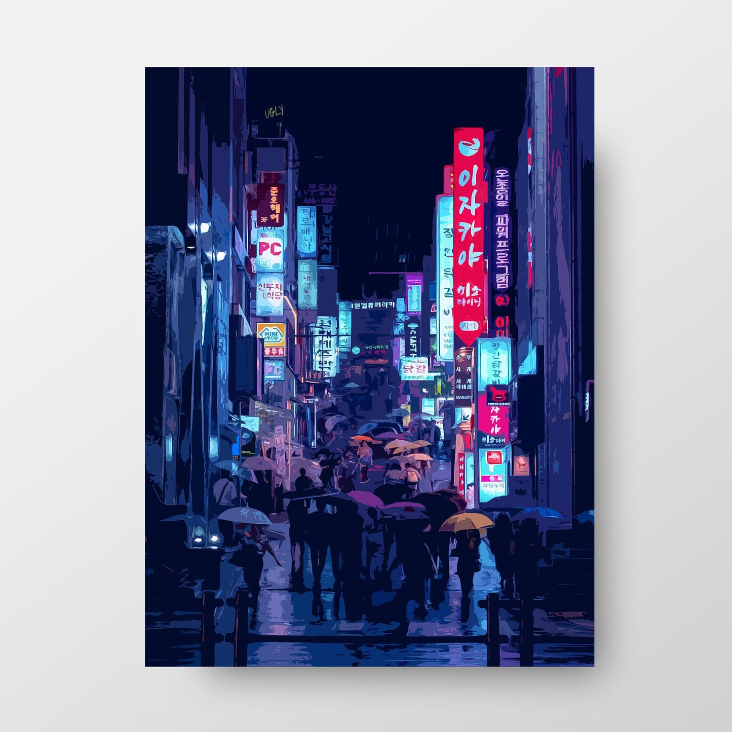 Vibrant Seoul Rainy Night Art Print, Photo to Digital Painting