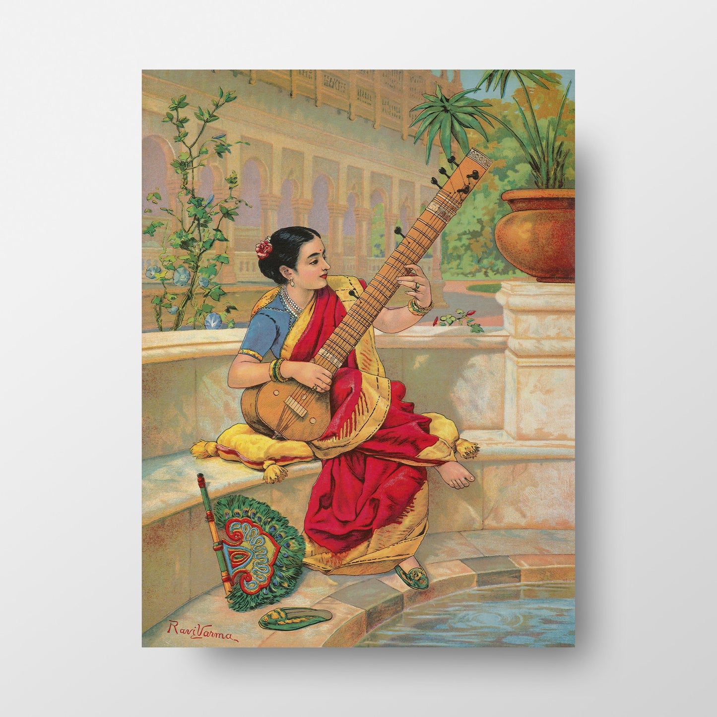 India Vintage Art Print by Ravi Rama, Woman and her Sitar