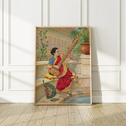 India Vintage Art Print by Ravi Rama, Woman and her Sitar