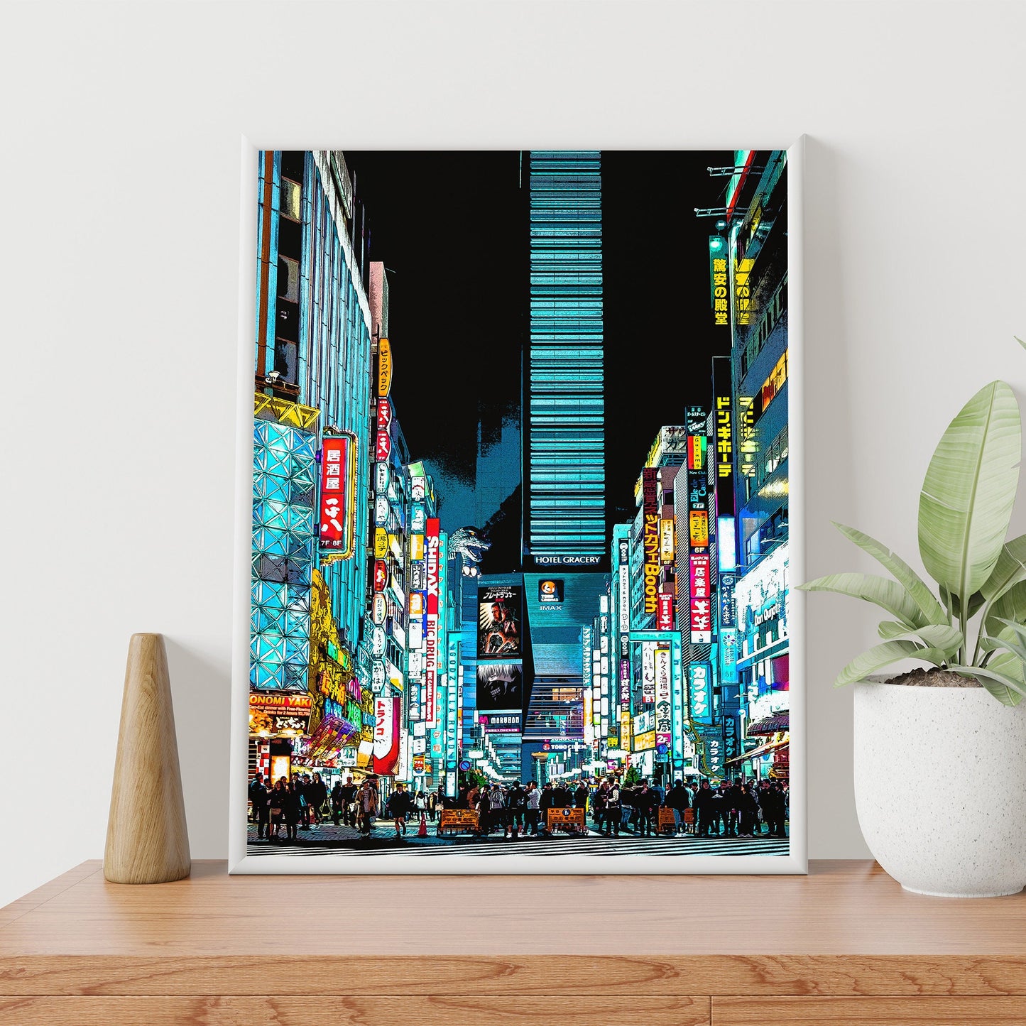 Tokyo Shinjuku Shibuya at Night Art Print, Photo to Digital Painting, Cyberpunk Style Poster